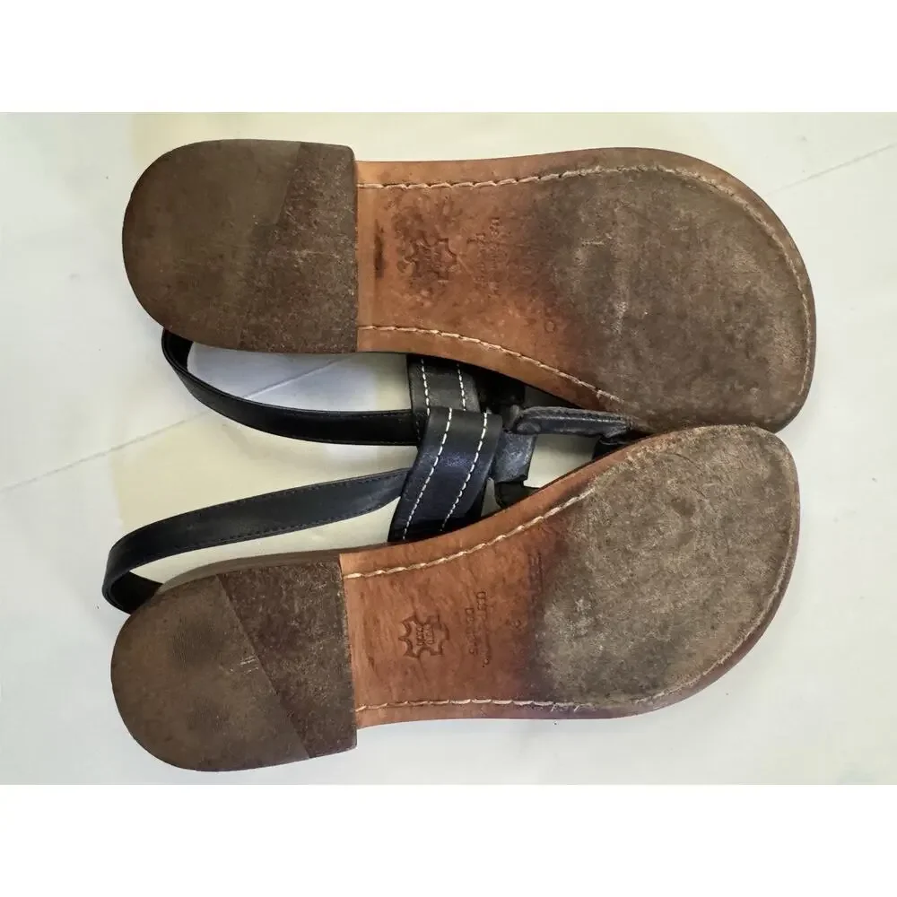 Bernardo Tegan Black Leather Thong Slingback Sandals Square Ring Stitch 9M